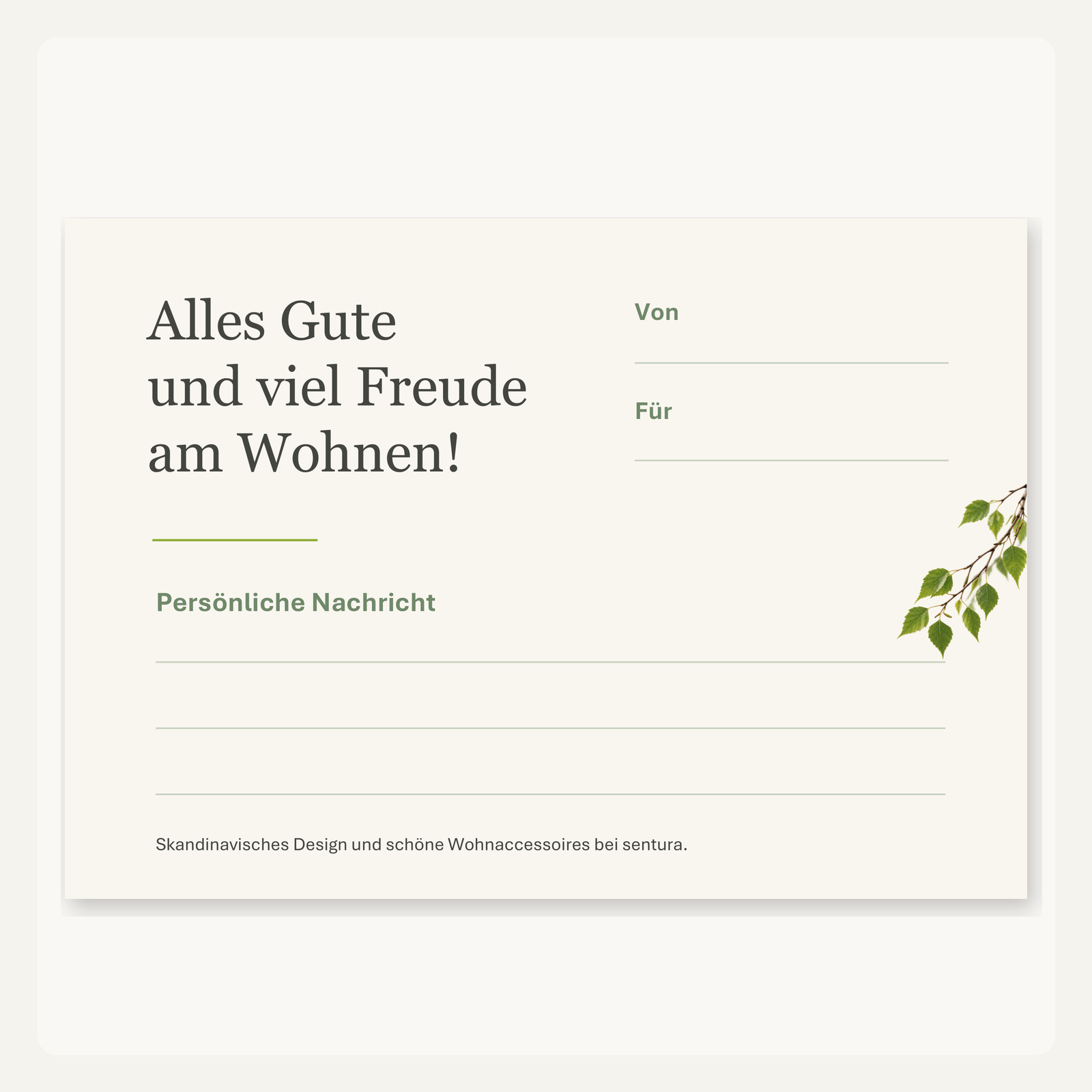 Innenseite des sentura Geschenkgutscheins mit ausfüllbaren Feldern Von, Für und persönliche Nachricht