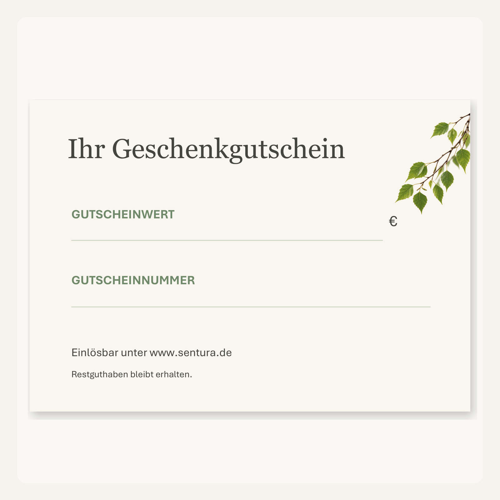 sentura Geschenkgutschein mit Feldern für Gutscheinwert und Gutscheinnummer