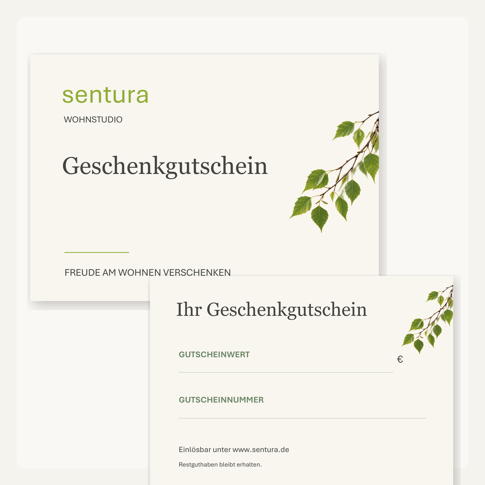 sentura Geschenkgutschein mit Vorderseite und Detailansicht der Klappkarte Kopieren