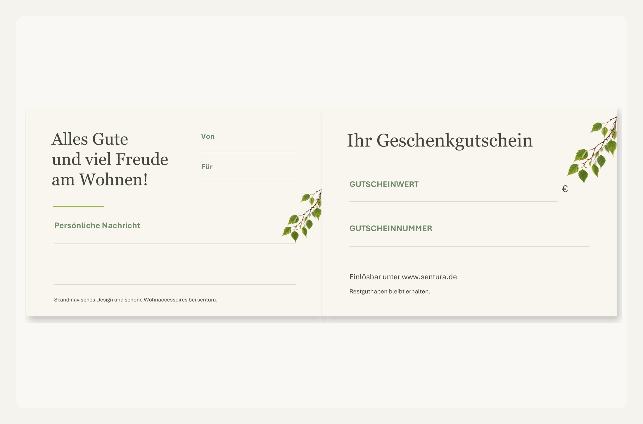 Aufgeklappter sentura Geschenkgutschein mit persönlicher Nachricht, Gutscheinwert und Gutscheinnummer