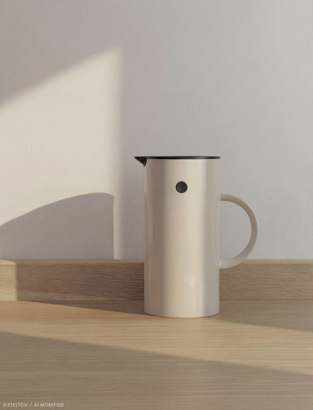 Stelton EM77 Isolierkanne 0,5 l in Sand auf heller Arbeitspaltte bei natürlichem Sonnenlicht
