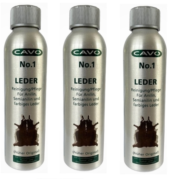 Dreierlpack CAVO No.1 Leder - früher CAVO Lederpflege Original - 3 Alu-Flaschen a 250ml silberfarben mit grünem CAVO Firmenlogo