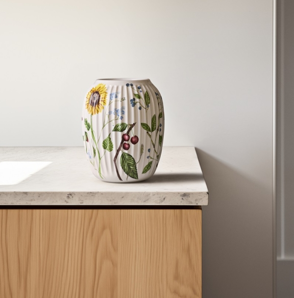 Hammershoi Vase von Kähler-Design mit sommerlichen Blumenmotiven aufd weissem Porzellan auf Anrichte