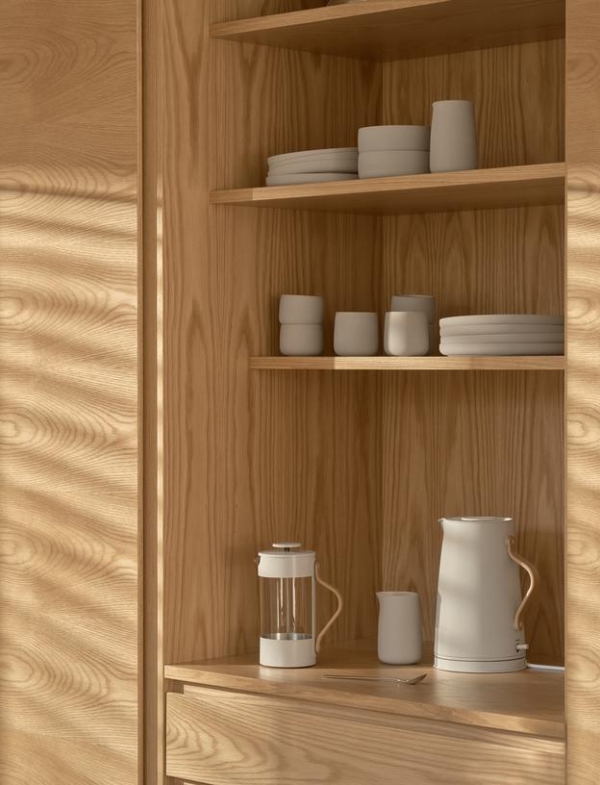 Emma Serie von Stelton - Steinzeug-GeschirrMit EMMA Pressfilterkanne und EMMA Wasserkocher im Küchenschranbk - Umgebungsfoto