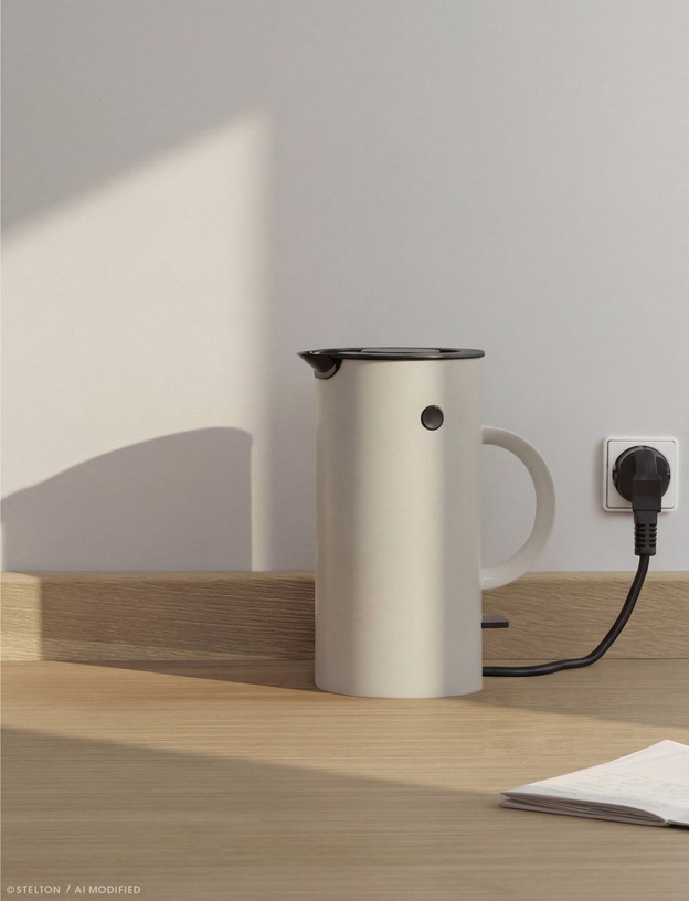 Stelton EM77 Mini Wasserkocher 0,5 l in Sand auf einer hellen Holzarbeitsplatte