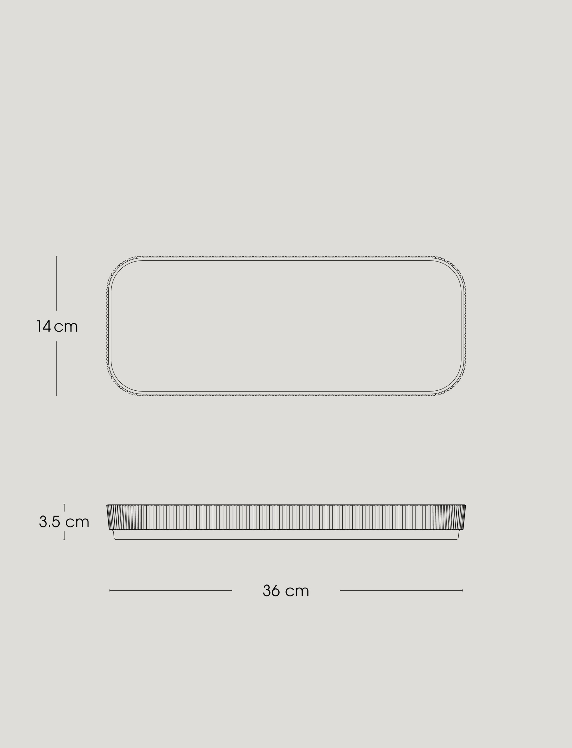 Maßzeichnung der Stelton Pilastro Servierplatte L mit 36 cm Länge, 14 cm Breite und 3,5 cm Höhe