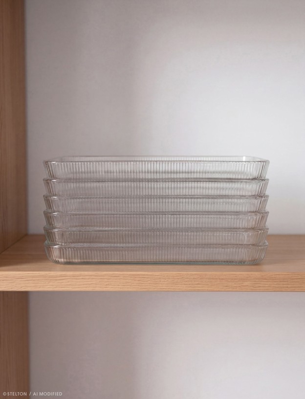 Mehrere stapelbare Stelton Pilastro Servierplatten aus klarem Rillenglas auf einem Holzregal
