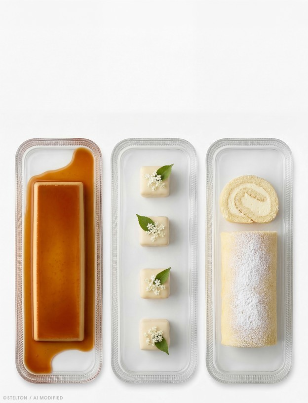 Drei Stelton Pilastro Servierplatten aus Glas mit Sauce, kleinen Häppchen und einer Biskuitrolle