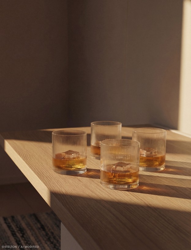 Stelton Pilastro Lowball Gläser 4er-Set mit Whisky und Eis